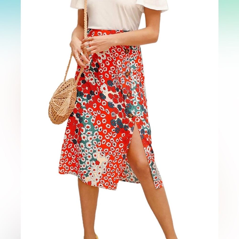 Red floral midi skirt